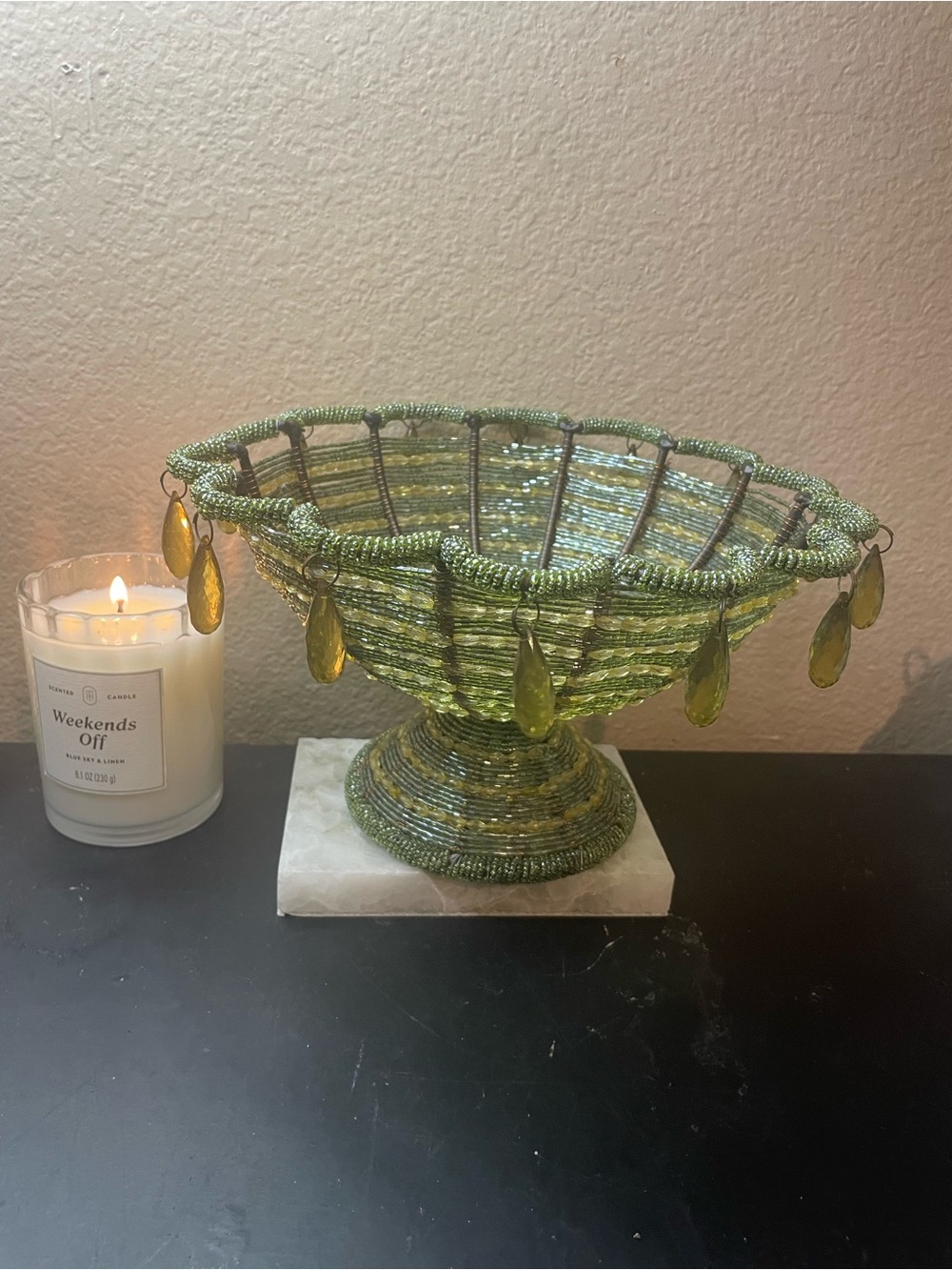 Handmade 9” green micro-beaded wire art pedestal fruit bowl or decorative basket